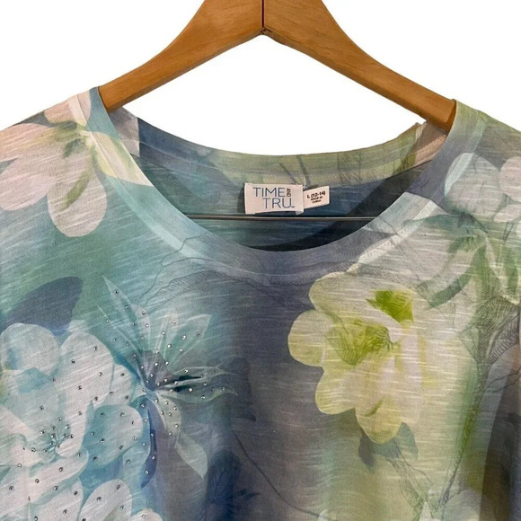 Time and Tru Watercolor Rhinestone Studded Top Large Floral Butterfly Bling Thin - Picture 3 of 6